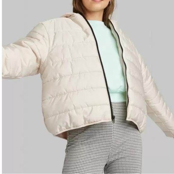 Wild Fable Puffer‎ Coat Hooded Winter Jacket Quilted Zip Up Medium Ivory Short - Picture 3 of 10